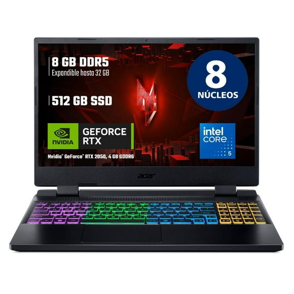 laptop acer nitro 5 intel core i5 gen 8 núcleos nvidia geforce rtx2050 8 gb ram 512gb ssd negro
