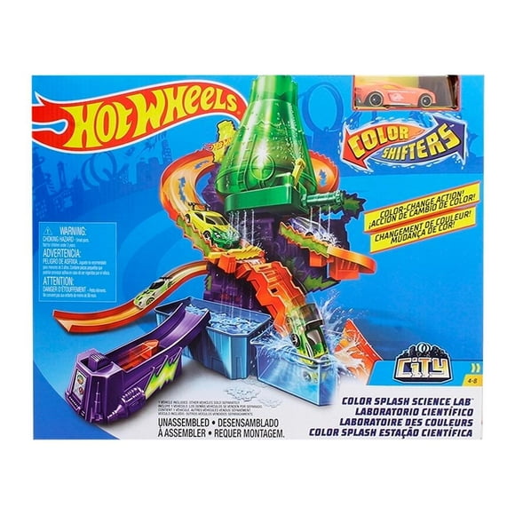 pista de juguete hot wheels city color shifters laboratorio científico