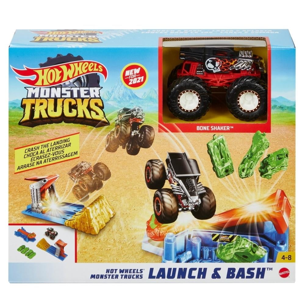  Hot Wheels Monster Trucks Monster Mover + 3 camiones paquete de  vehículos, transportador de autos de juguete, capacidad para 12 camiones  monstruo a escala 1:64, con lanzamiento de rampa, regalo para