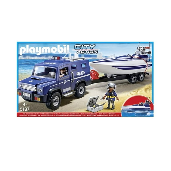 Set de Juego Playmobil Policía Coche Policía con Lancha 90 Piezas