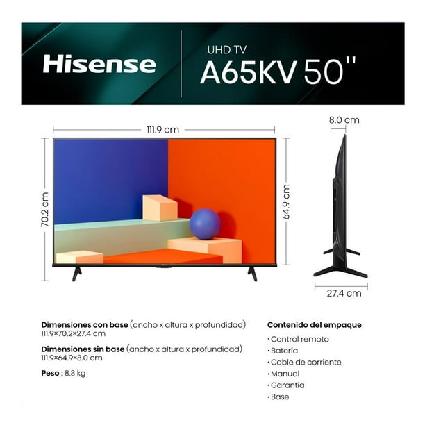 Televisor Hisense 50A65KV, 50 pulgadas, LED 4K UHD, 3840 x 2160 Pixeles,  SMART VIDAA 50A65KV 50A65KV EAN 6942147499238UPC 88814301713650A65KV