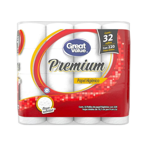 tifón Lijadoras desconcertado Papel higiénico Great Value premium 32 rollos con 220 hojas dobles c/u |  Walmart