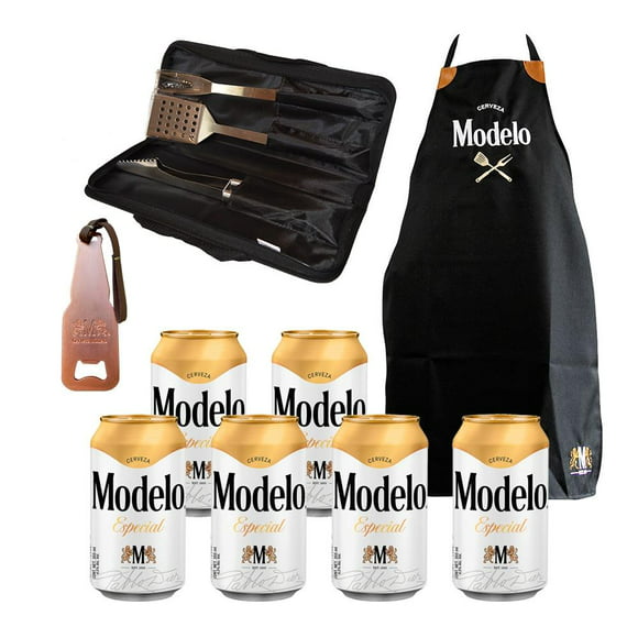 cerveza modelo especial 6 latas de 355ml cu  1 destapador  1 mandil  1 juego de utensilios kit oficial parrillero