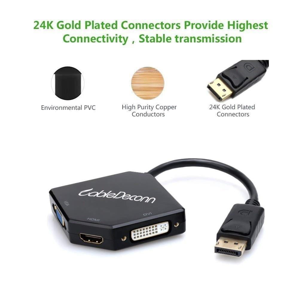 CABLEDECONN Displayport multifunción Dp a HDMI/DVI/VGA macho a hembra 3 en  1 adaptador convertidor cable