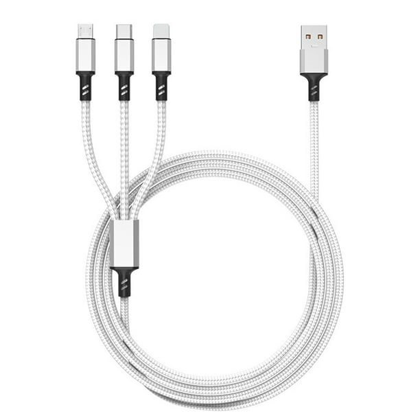 Cable de carga múltiple, cable de cargador múltiple Cable USB múltiple  trenzado de nailon Adaptador de cable de carga 3 en 1 universal con tipo C,  conectores de puerto micro USB para