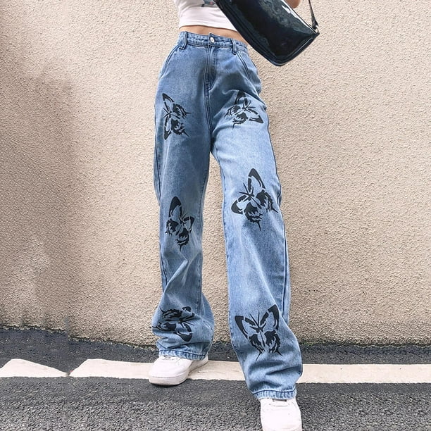 Gibobby Jeans dama cintura alta Pantalones estampados Pantalones de Jeans  Casual Mujer Pantalones largos con correa de bolsillo(Azul oscuro,XL)