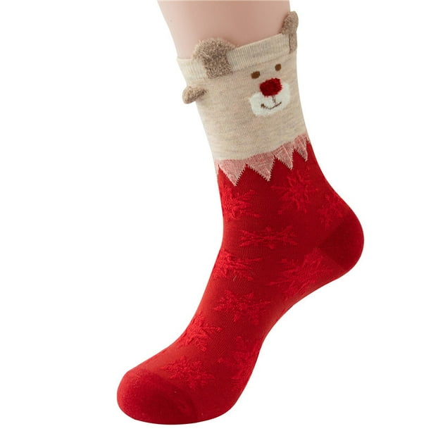 3 pares de calcetines navideños de algodón puro, calcetines de mujer, tubo  medio, alce, anciano, grandes calcetines rojos, orejas grandes, oso  estéreo, calcetines de copo de nieve de dibujos animados JAMW Sencillez