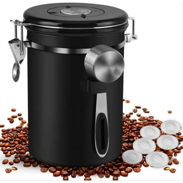 Bote de café hermético de acero inoxidable con rastreador de fecha y  cuchara para café molido, frijoles, té, harina, cereales, azúcar, brillar  Electrónica