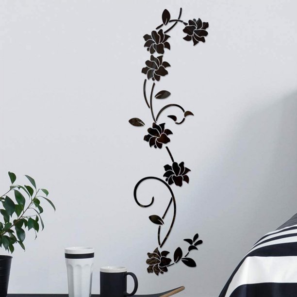 Pegatinas de pared con espejo acrílico de vid de flores, elegante adhesivo  de pared con ajuste de espejo, decoración de pared con espejo adhesivo para  el hogar, sala de estar, dormitorio, negro