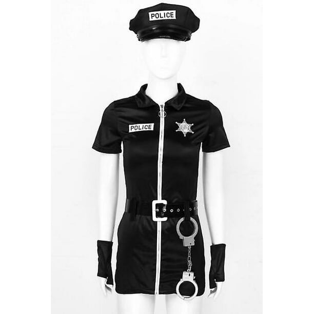Disfraz de juego de rol Sexy para mujer, oficial de policía, uniforme de  policía de Halloween, minivestido ajustado con sombrero, insignia, cinturón,  guantes, puños esquí