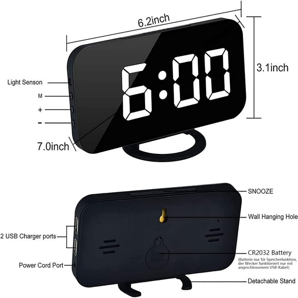  Reloj despertador digital, relojes electrónicos con espejo LED  de 7 pulgadas, con 2 puertos de carga USB, modo de suspensión, ajuste  automático de brillo, relojes de pared y de escritorio modernos