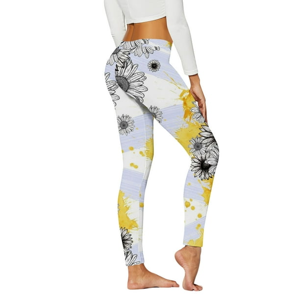 Gibobby Leggings Termicos Mujer Pantalones yoga deportivos cintura alta  ajustados moda informal para mujer Leggings con estampado girasol y  leopardo（Blanco， XL)