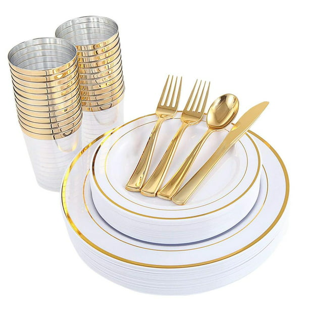  WDF - Vajilla de plástico desechable para 30 invitados platos  color oro y cubiertos color oro con mango blanco - Vajilla de plástico  barroco blanco y dorado para bodas y fiestas