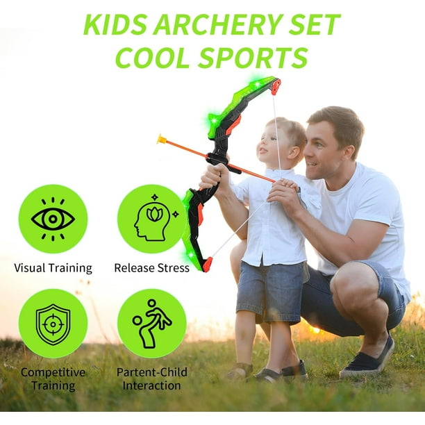 Juego de arco y flecha para niños, juego de arco y flecha con luz LED para  niños, juguete de arco y flecha con 10 flechas de succión y carcaj