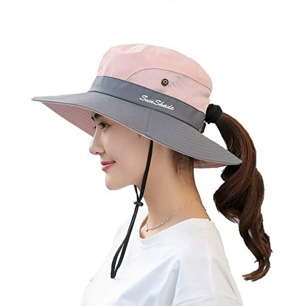 Sombreros para el sol de ala ancha con protección UV para mujer - Gorro con  orificio para cola de caballo de malla de enfriamiento Sombrero de pesca  plegable para viajes al aire