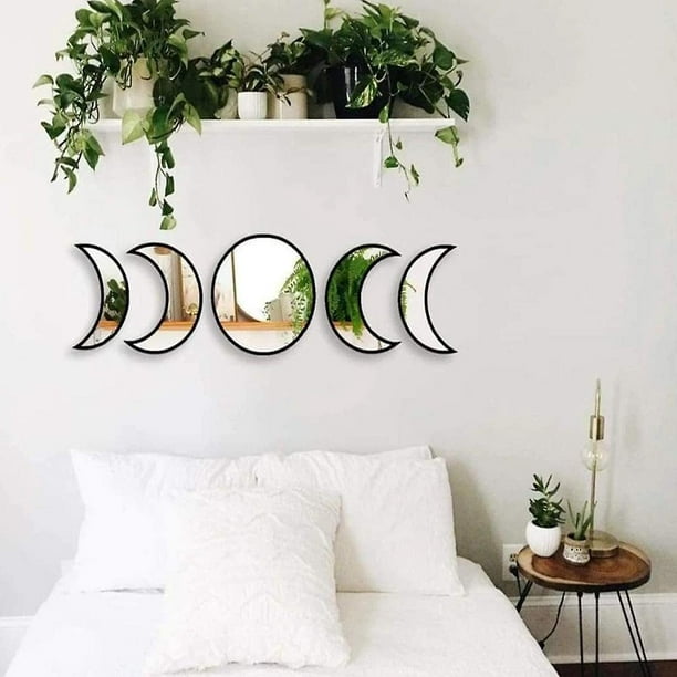 Espejo decorativo de pared de Luna acrílico de madera, 5 uds., variación  del ciclo de la Luna, espejo de pared decorativo, espejo bohemio creativo