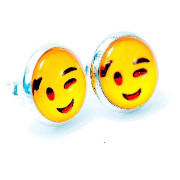 Aretes Broquel Emoji Carita Sonrie Un Ojo Cerrado Acero Gen rico