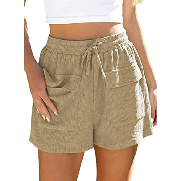 Cortos De Verano Pantalones cortos cómodos para mujer Traje de vacaciones de cintura alta elástico (Caqui M) Cgtredaw Para estrenar | Walmart línea