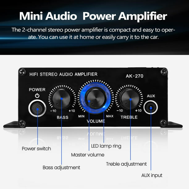 Mini Amplificador de Audio 12V 2A AMP, Entrada de Potencia de Altavoces de  Sunnimix