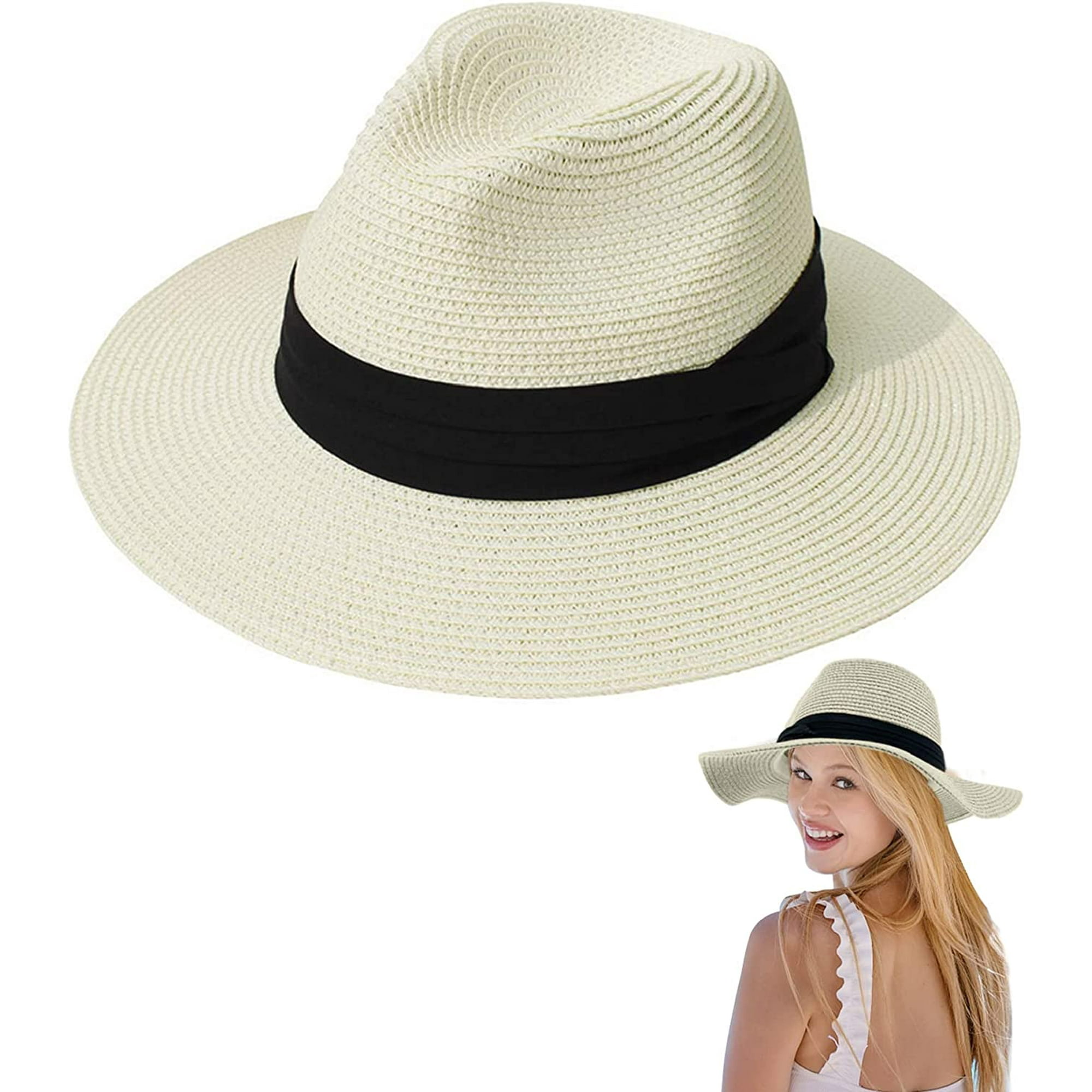 Tradineur - Sombrero de mujer con flor, paja flexible, ala ancha y