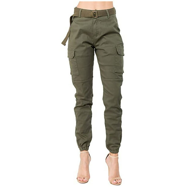Puntoco - Pantalones cargo de color liso para mujer, cintura alta,  ajustados, con cinturón a juego Puntoco Puntoco-2743