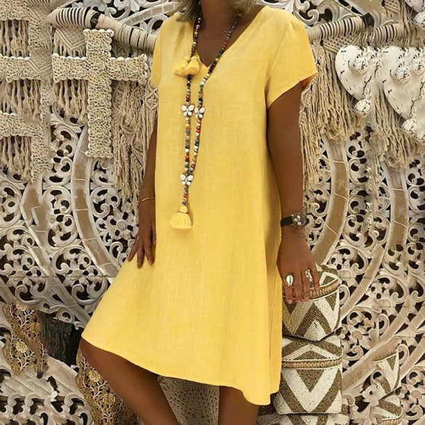 💐 Vestido de lino de algodón de manga corta de color sólido de verano