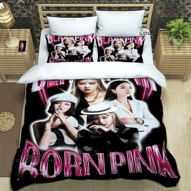 Juego de ropa de cama con estampado de grupo idol coreano, suministros de  cama exquisitos, funda nórdica, edredón, juego de cama de lujo, negro-rosa
