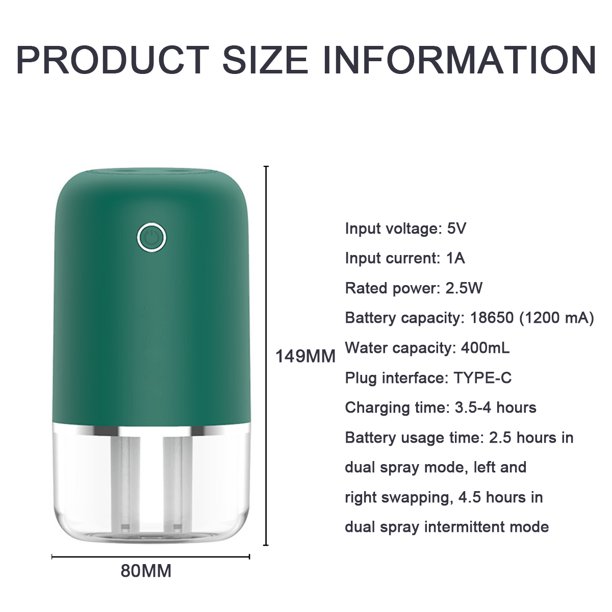 Humidificador inalámbrico de doble chorro USB portátil de