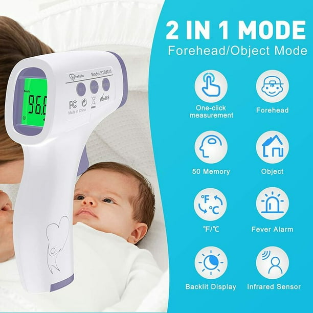  Termómetro digital infrarrojo para frente sin contacto para  adultos y niños, lectura instantánea precisa, doble modo cuerpo y  superficie ˚C/˚F, alerta inteligente de temperatura/fiebre, baterías : Bebés