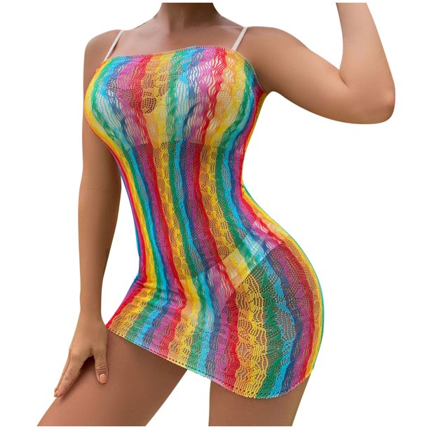 Rainbow Fishnet Halter Dress