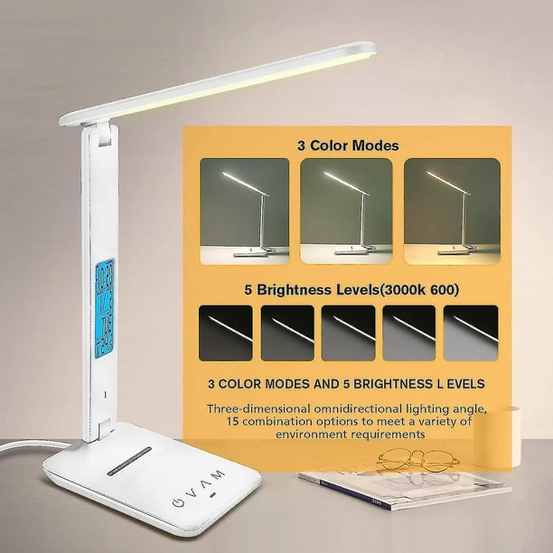 Lámpara de escritorio LED con cargador inalámbrico, puerto de carga USB,  lámpara de escritorio para oficina en casa con 5 modos de iluminación y 5