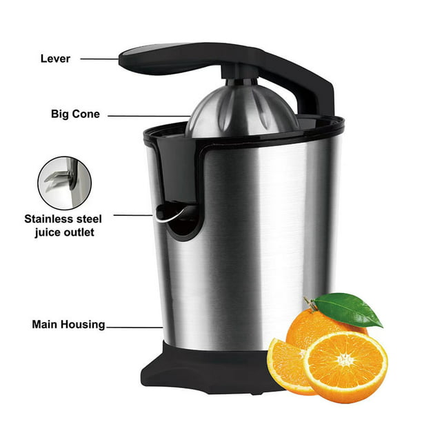 Exprimidor de naranjas eléctrico de acero inoxidable con mango