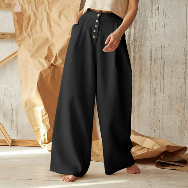 Pantalones Anchos Pantalones de pierna ancha para mujer Pantalones casuales  de cintura alta de algodón con bolsillos (Negro M) Kuymtek para Mujer