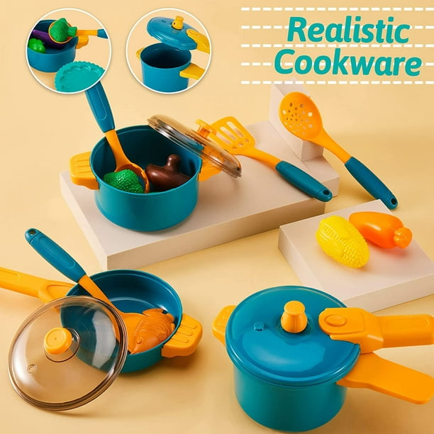 Utensilios de cocina para niños con juego de juguetes de comida para jugar,  accesorios de juego de cocina con ollas y sartenes, utensilios de juguete