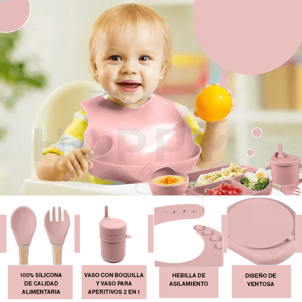 Vajilla de silicona para bebes, 8Pcs Plato de comida para bebe, Plato con  ventosa, Cucharas y Tenedor, Bol, Baberos, Tazas para sorber, Sin BPA,  Fácil de limpiar (Rosa) : : Bebé