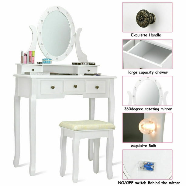 Tocador con taburete y espejo con luz LED para maquillaje, color blanco 
