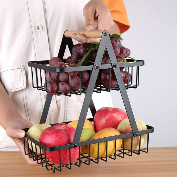 Cesta de frutas de metal de nivel, cesta de frutas desmontable, frutero  decorativo, frutero para cocina, frutero con mango de madera (negro)  Ormromra WMJ-0055
