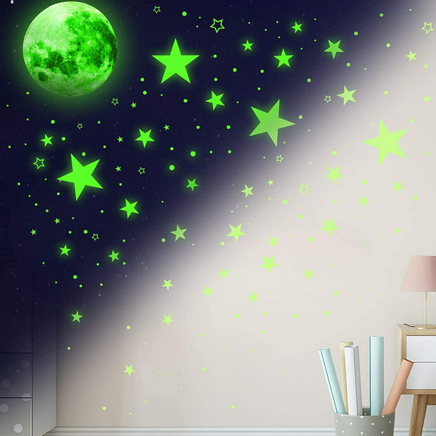  UJoowalk Estrellas que brillan en la oscuridad para techo,  calcomanías de pared de estrellas, decoración de habitación de niños para  dormitorio (espacio azul y verde, juego de 2 unidades) : Bebés