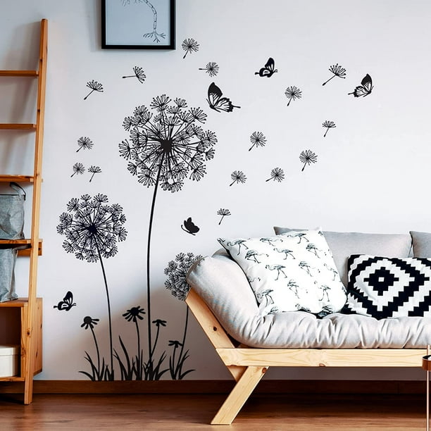 Vinilo decorativo FLORES DE DIENTE DE LEÓN negro (150x114 cm) I mariposa  plantas rama de árbol I adhesivo adhesivo de pared para salón dormitorio