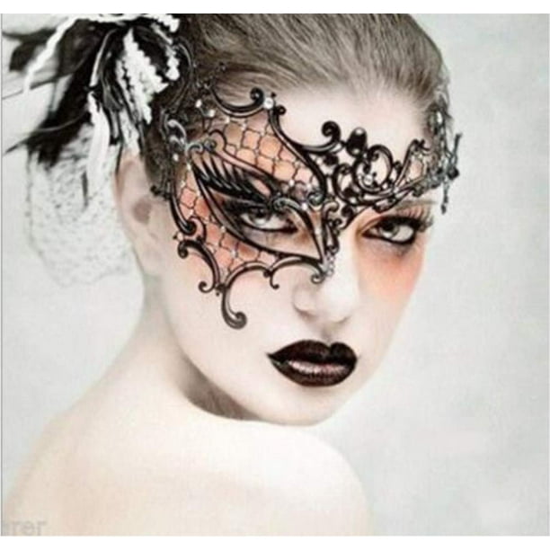 Máscara veneciana de mascarada de corona de metal cortado con láser negro,  Negro 