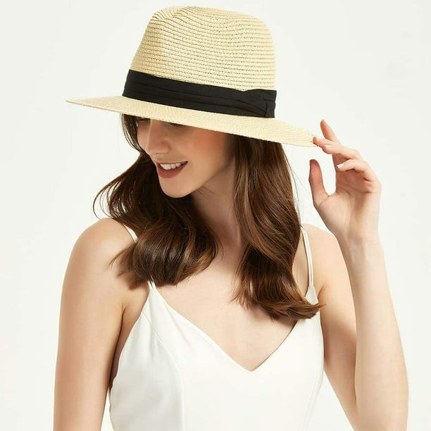  Sombreros Fedora para mujer, sombrero de paja de ala ancha,  paquete de 2 sombreros de Panamá para mujeres y hombres, sombrero de sol,  sombrero de verano, sombrero de playa, Beige-rosado 