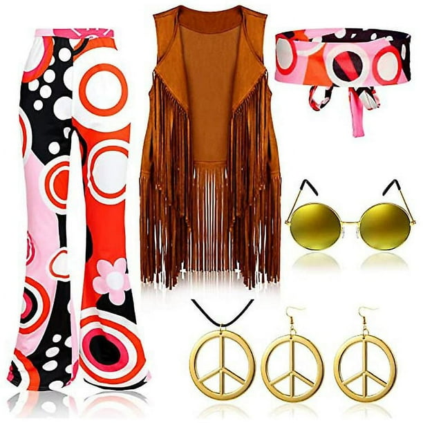 Ropa hippie para mujer, años 60 y 70, juego de accesorios, chaleco con  flecos, gafas de sol, diadema, pendientes, collar de discoteca para  carnaval