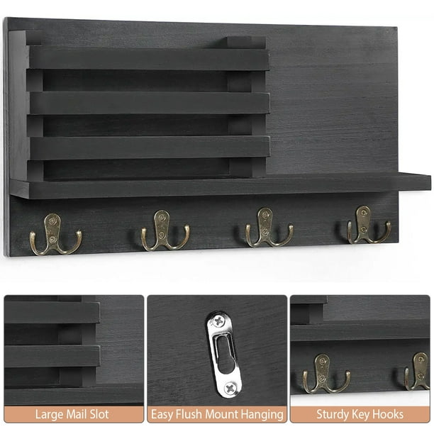 Soporte para llaves para pared con estante Organizador de correo rústico  Soporte de pared Organizador de correo colgante de entrada de madera con ganchos  para llaves y soporte para correo 4 perchas