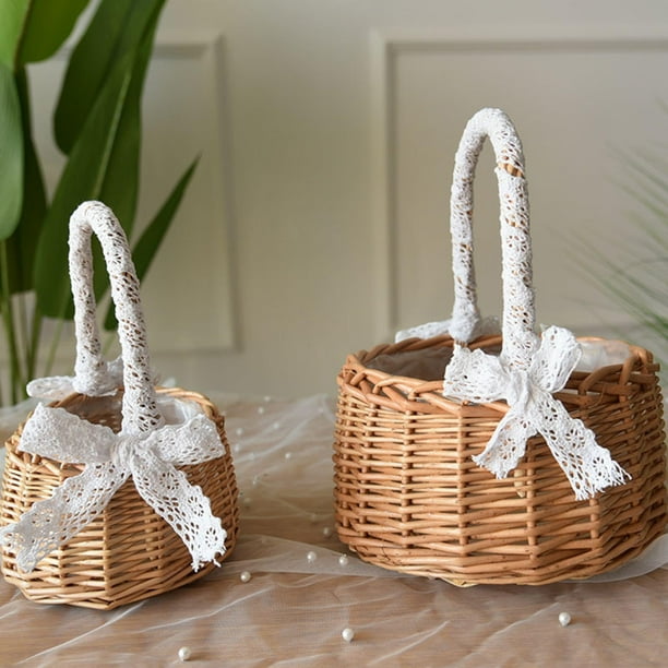 CVPDI 2 cestas rústicas de flores de boda para niñas, canastas de mimbre  con mango de perlas para banquetes, fiestas, baby shower, regalos para