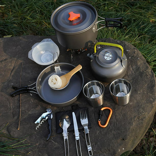 Juego de ollas de acero inoxidable para acampar al aire libre, utensilios  de cocina portátiles para