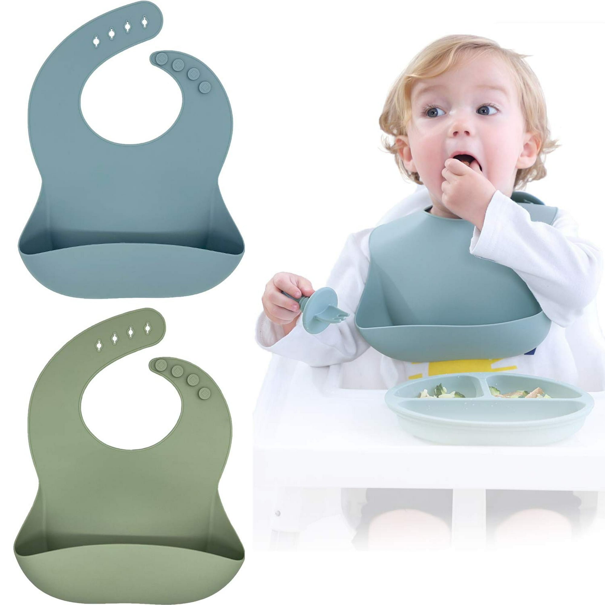 Moonkie Juego de 2 baberos de silicona para bebé, sin BPA, impermeables,  suaves, duraderos, ajustables, baberos de silicona para bebés y niños