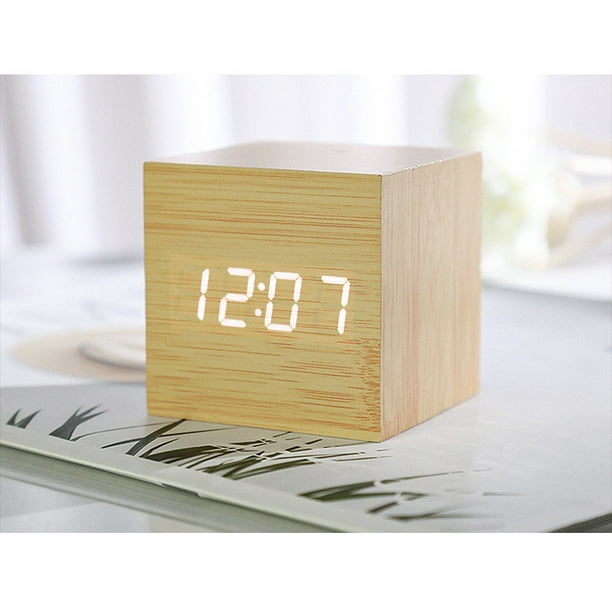 Cubo de madera Reloj despertador digital con pantalla de tiempo electrónica  LED Mini diseño de cubo de madera Reloj de mesa Control de voz Temporizador  Calendario Luz roja ACTIVE Biensenido a ACTIVE