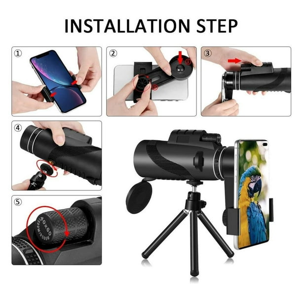 Telescopio monocular de 80 x 100 para teléfono inteligente, monocular de  alta potencia para adultos con adaptador para teléfono inteligente y  trípode