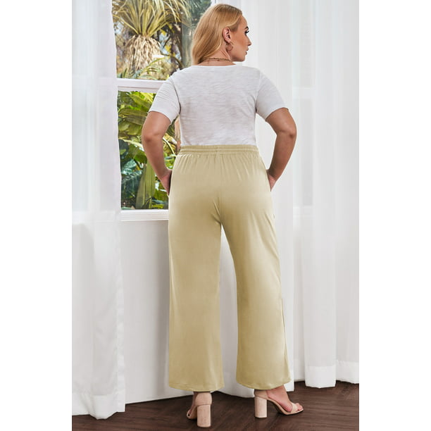 ABPHQTO Pantalones de punto de felpa de cintura alta de color caqui para  mujer