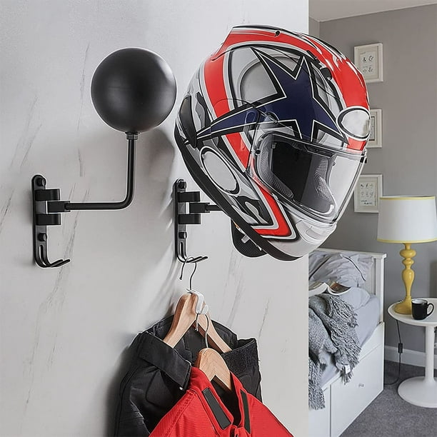 Soporte para casco montado en la pared, estante para casco de motocicleta,  soporte de exhibición de casco de pared, rotación de 180° con 2 ganchos